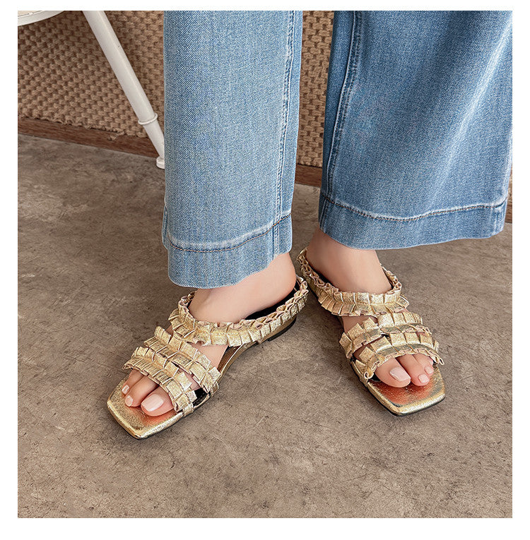 Karin Luna In Stock   Spot Goods  Niche Design Square-Toed Pleated Flat Slippers