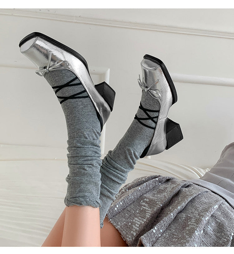 Karin Luna In Stock Spot Goods  Popular Self-flowing Bowknot Square Toe Chunky Heel Single Shoes