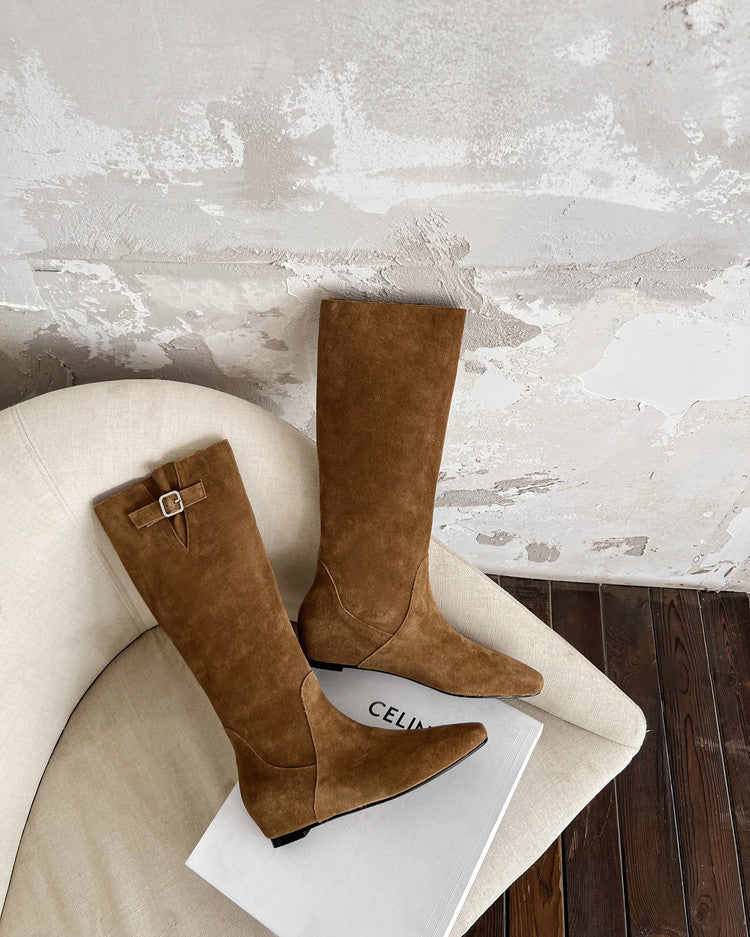 Karin Luna In Stock Spot Goods Vintage Cowhide Leather Chunky Heel Height Increasing Long Boots