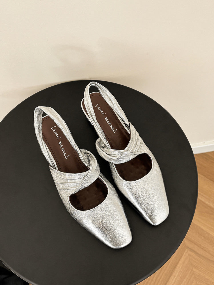 Karin Luna In Stock  Spot Goods Small Square Toe Wrinkled Chunky Heel Closed-Toe Sandals