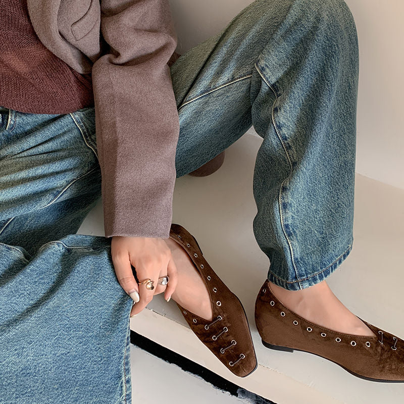 Karin Luna In Stock Spot Goods    Old Money Style Square Toe Suede Flats