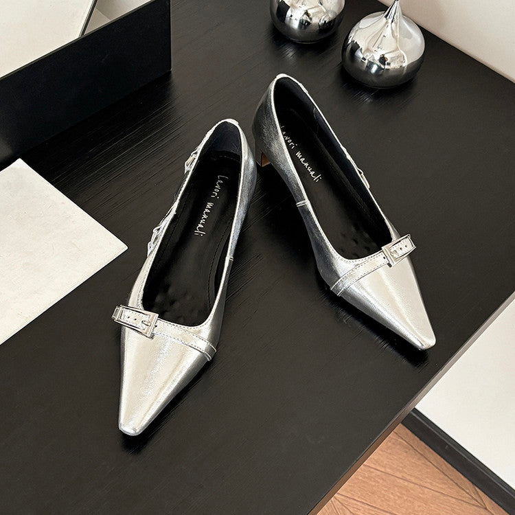 Karin Luna In Stock In Stock Retro Belt Buckle Small Square Toe Chunky Heel Single Shoes