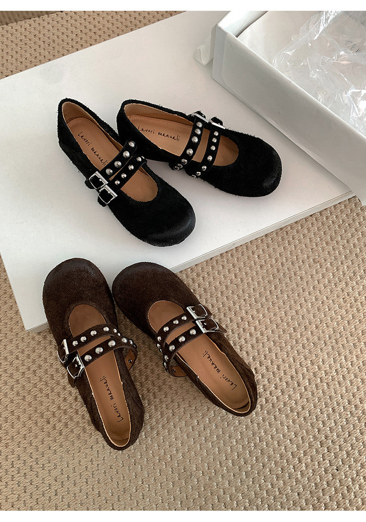 Karin Luna Hot Item Hot Item Punk Style One-Strap Round-Toe Suede Leather Height-Increasing Flats