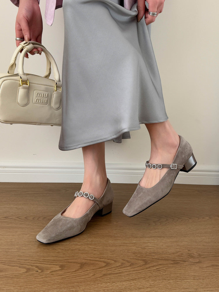Karin Luna In Stock Spot Goods  Vintage Full Leather Square Toe Rhinestone Strap Shallow Mouth Single Shoes