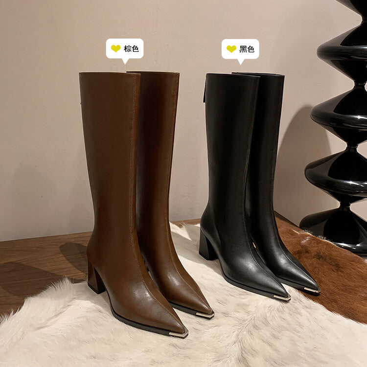 Karin Luna In Stock  In Stock Elegant Metal Pointed Toe Chunky Heel Full Cowhide Leather Riding Boots