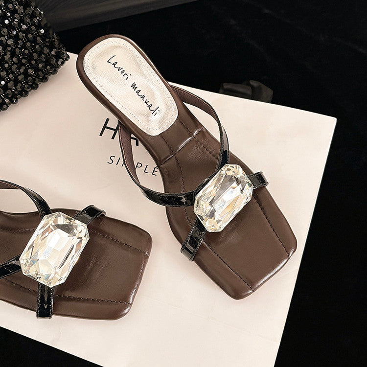 Karin Luna In Stock Spot Goods Rhinestone Square Toe Irregular Heel Slippers