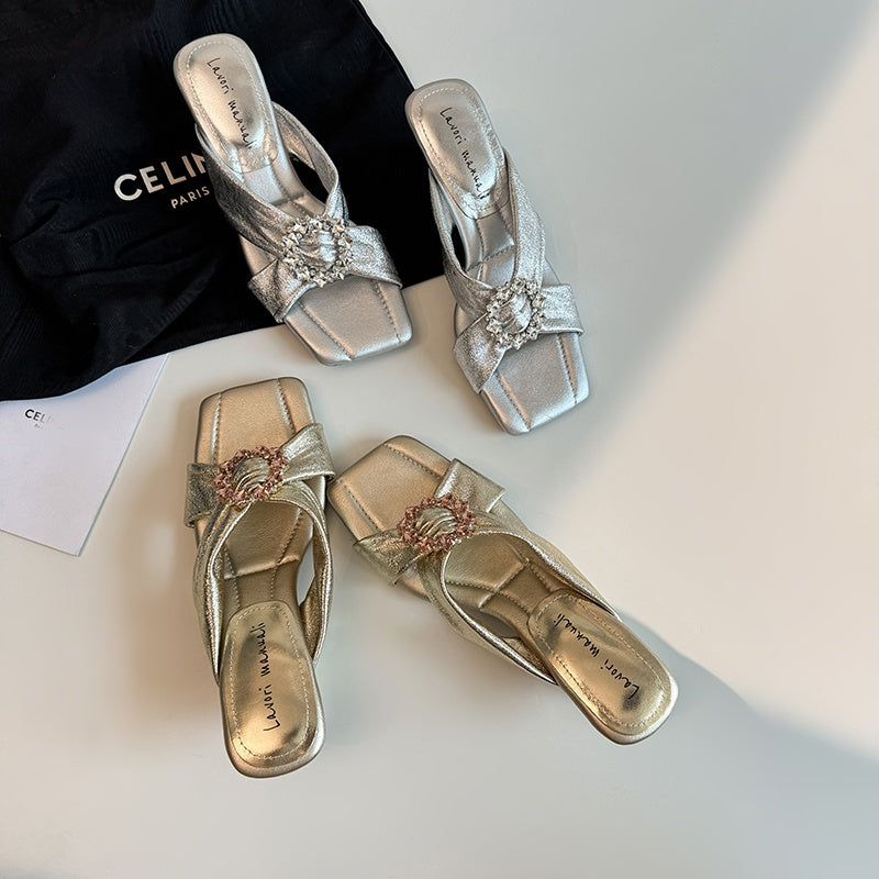 Karin Luna In Stock In Stock Elegant Square-Toe Cross-Strap Rhinestone Square-Toe Slippers