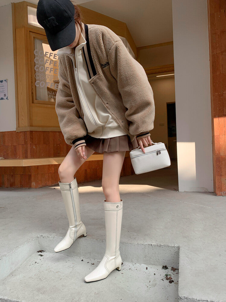 Karin Luna In Stock Spot Goods  Vintage Open Stitch Small Square Toe High Heel Side Zipper Riding Boots