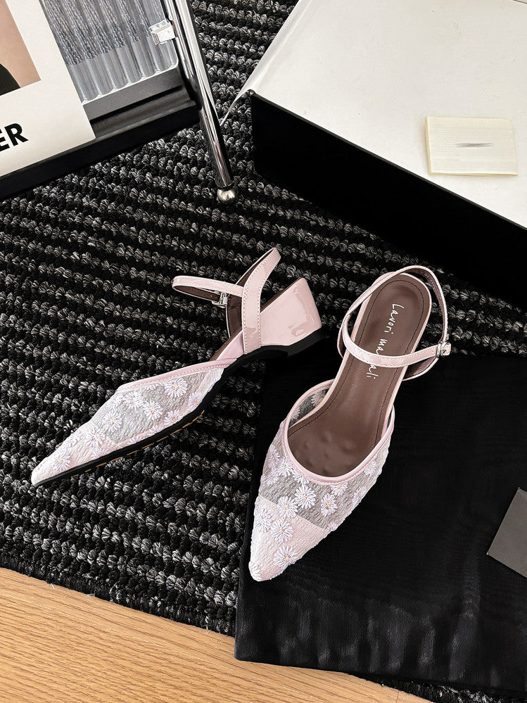 Karin Luna In Stock Spot Goods Embroidered Daisy Sheepskin Mesh Elegant Closed-Toe Slippers