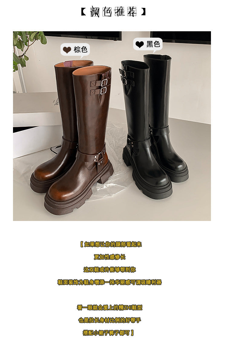 Karin Luna In Stock In Stock  Classic Casual Style Belt Buckle Thick Sole Round Toe Knight Boots Thick Sole