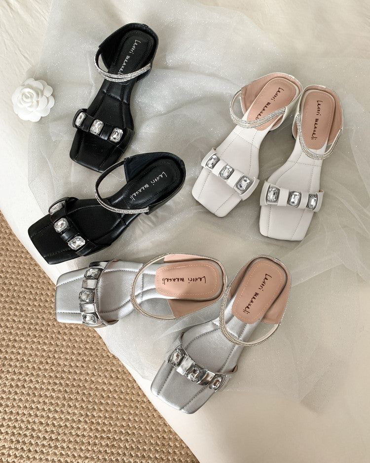 Karin Luna Bestseller Popular Rhinestone Ribbon Square Toe Slippers