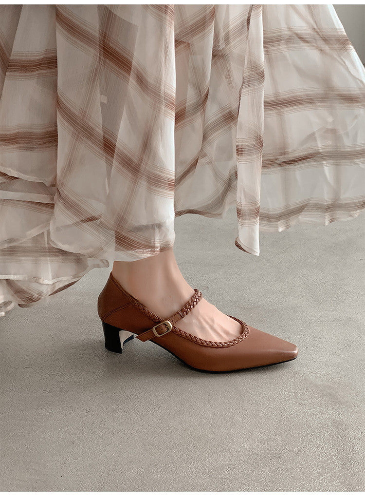 Karin Luna Braided Element Design Chunky Heel Square Toe Single Strap Shoes