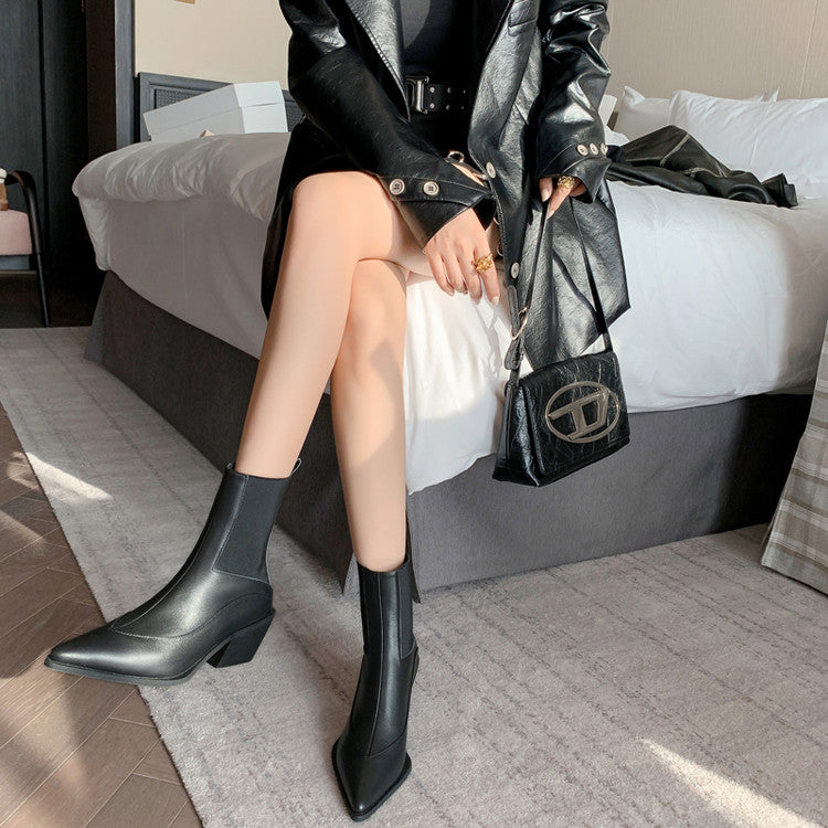 Karin Luna In Stock Spot Goods   Elegant Pointed Toe Chunky Heel Ankle Boots