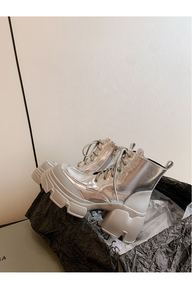 Karin Luna Casual Thick Sole Full Cowhide Lace-up Thick-soled Short Boots   Classic All-Matching