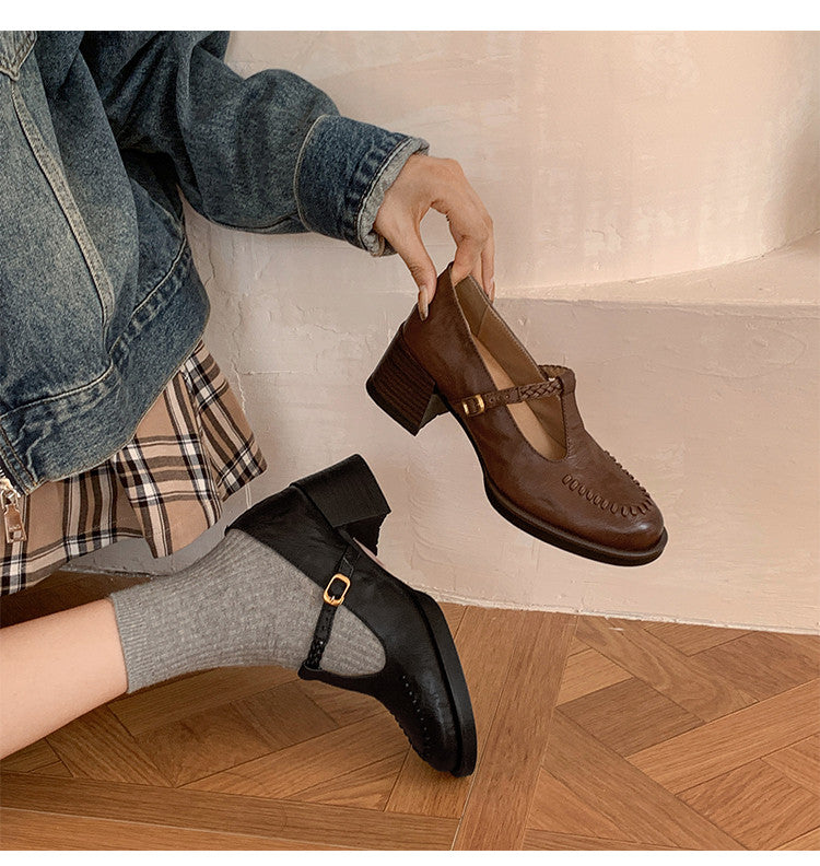 Karin Luna In Stock Spot Goods Vintage Braided Twist High Heels T Round Toe Thick Sole Single Shoes