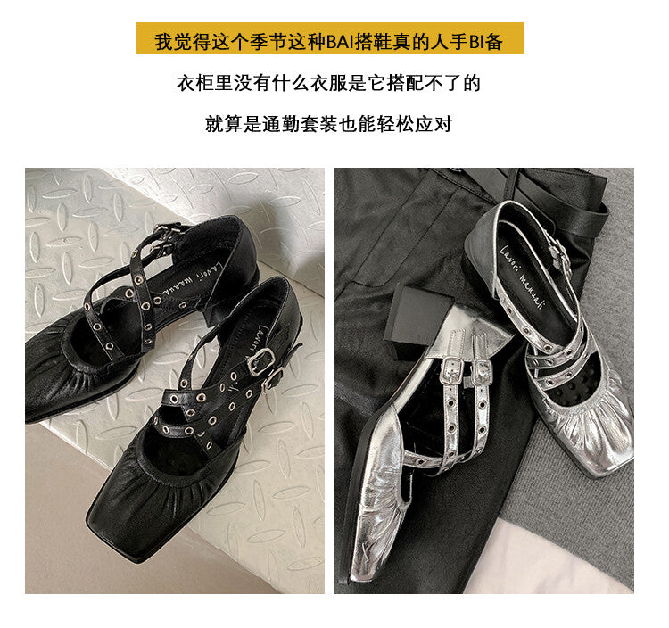 Karin Luna In Stock Spot Goods First Layer Sheepskin Cross Strap Rivet Square Toe Mary Jane Sandals