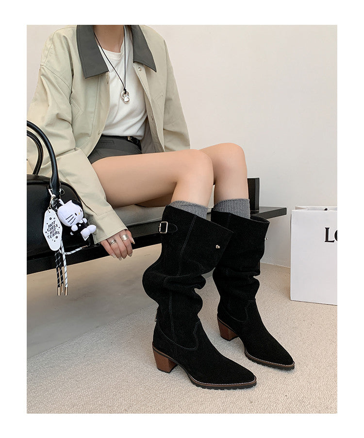 Karin Luna In Stock Spot Goods Retro Cowhide Leather Chunky Heel Suede Long Boots