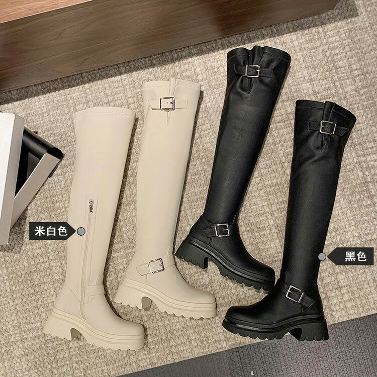 Karin Luna In Stock   Thick Sole Round Toe Basic Versatile Casual Long Boots