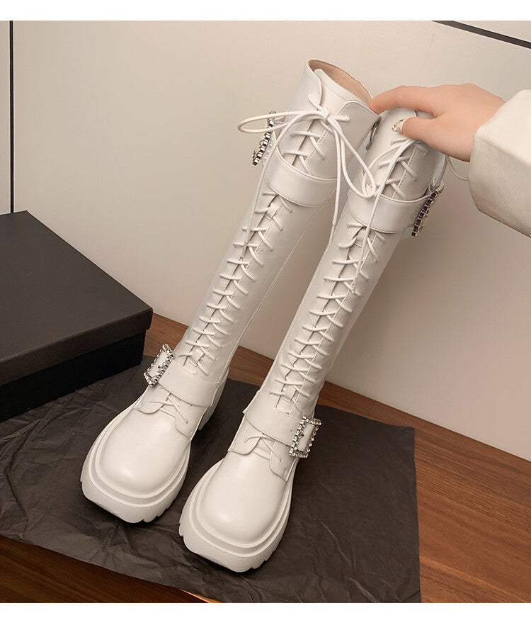 Karin Luna In Stock Spot Goods Bestselling Extended Version Rhinestone Square Buckle Thick Sole Lace-up Thick Sole Full Cowhide Knight Boots