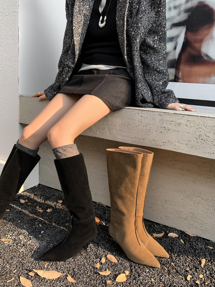 Karin Luna In Stock Spot Goods Retro Cowhide Pointed Toe Stiletto Elegant Long Boots