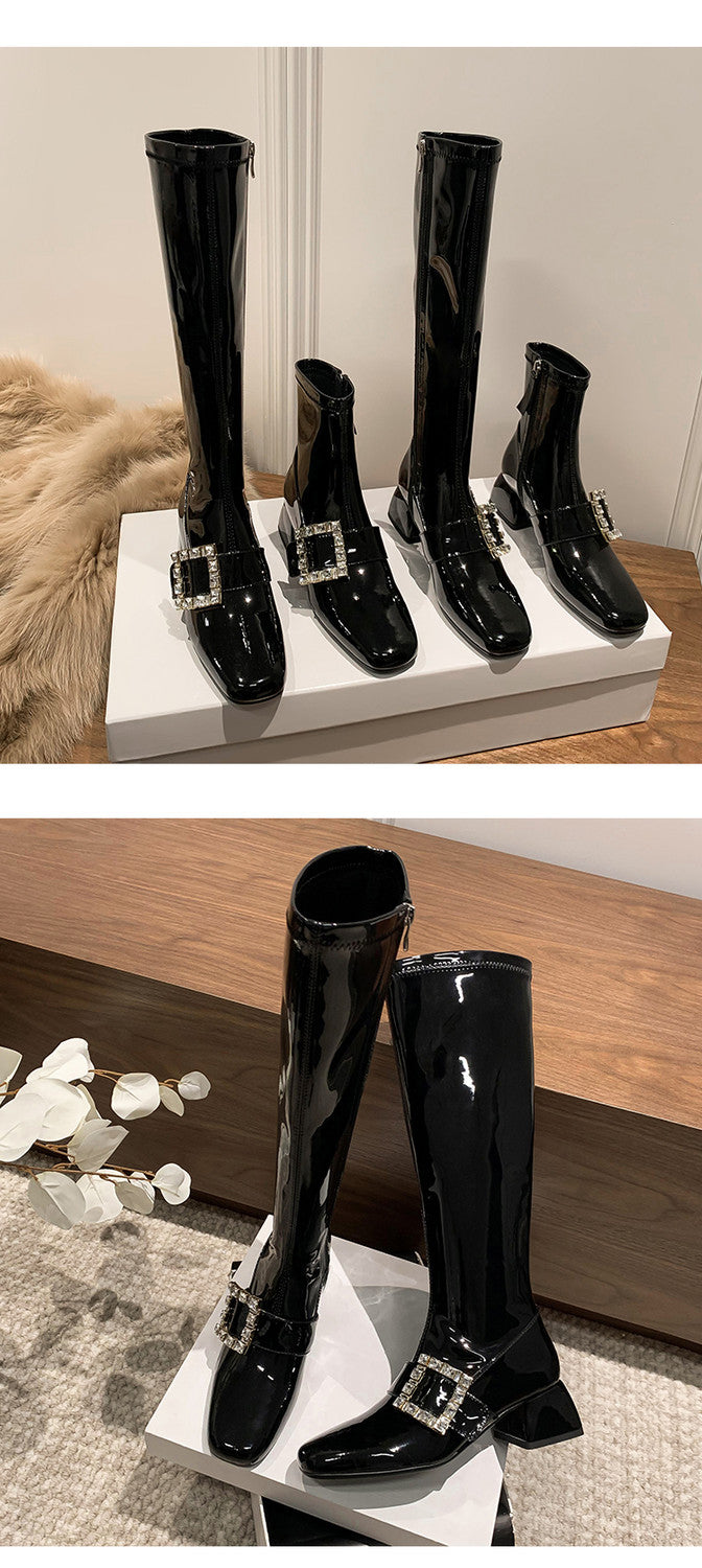 Karin Luna Elegant Style Ultra Slimming Rhinestone Chunky Heel British Style Riding Boots Long Boots