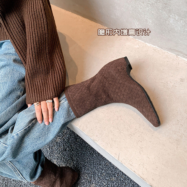 Karin Luna Handmade Woven Fabric Small Square Toe Hidden Heel Short Boots