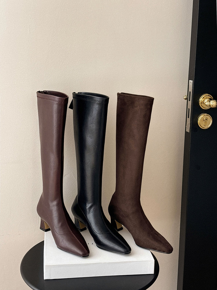 Karin Luna In Stock In Stock  Square Toe Chunky Heel Korean Style Elegant Long Boots
