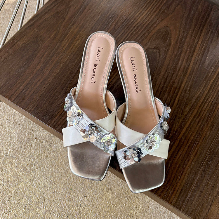 Karin Luna In Stock Spot Goods  Sequin Floral Cross Strap Square Toe Stiletto Slippers