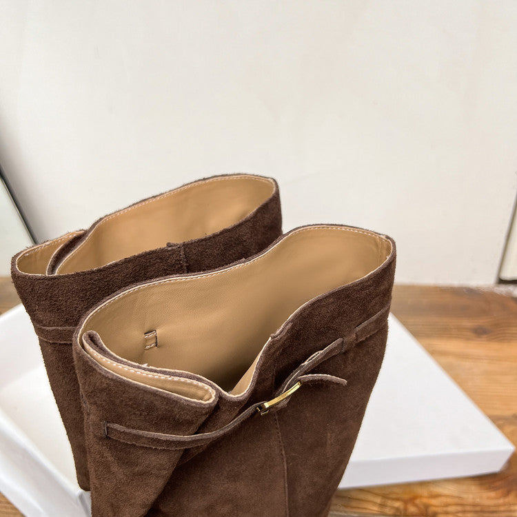 Karin Luna In Stock In Stock Mango Head Large Tube Belt Buckle Chunky Heel Long Boots