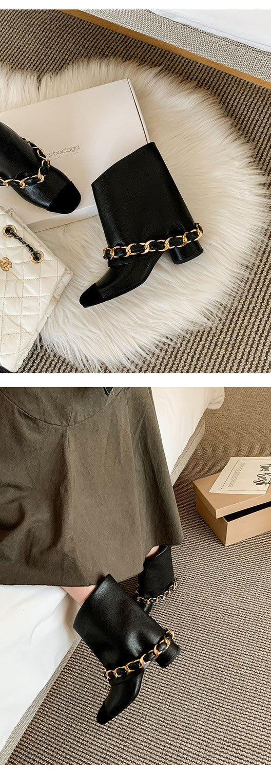 Karin Luna Classic Style Xiangjia Style Chunky Heel Chain Ankle Boots