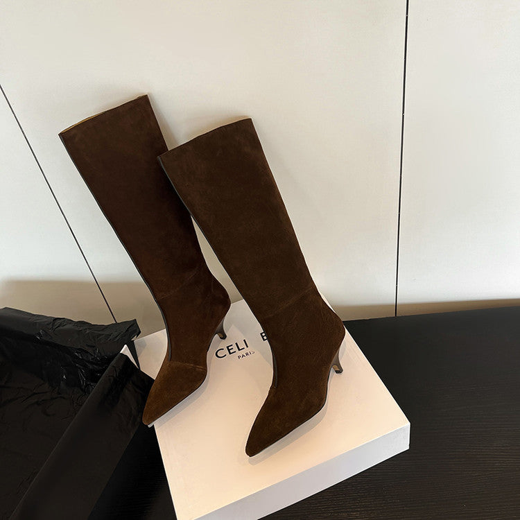 Karin Luna In Stock Spot Goods Retro Cowhide Pointed Toe Stiletto Elegant Long Boots
