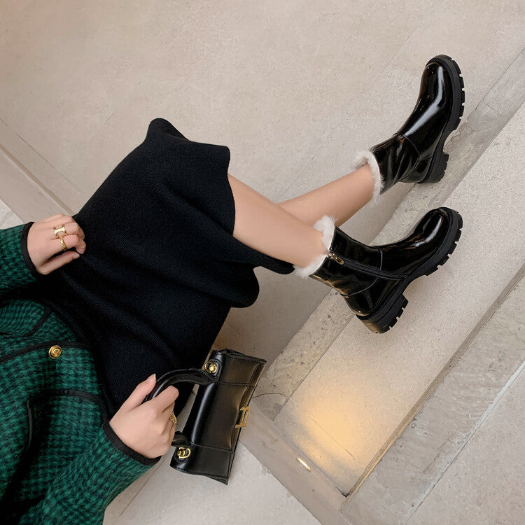 Karin Luna In Stock  Best-selling in stock Thickened Fleece Cow Patent Leather Hot-Selling Flat Short Boots