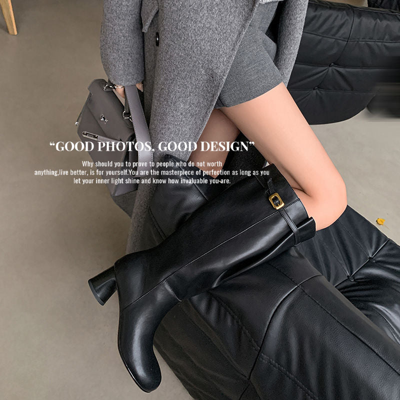 Karin Luna In Stock In Stock Mango Head Large Tube Belt Buckle Chunky Heel Long Boots