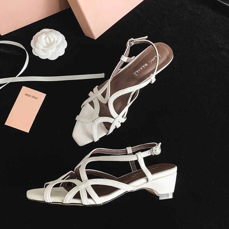 Karin Luna French Hollow Style Small Square Toe Chunky Heel Sandals