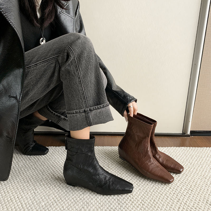 Karin Luna In Stock Spot Goods Slim Series  Hidden Wedge Small Square Toe Back Zipper Short Boots