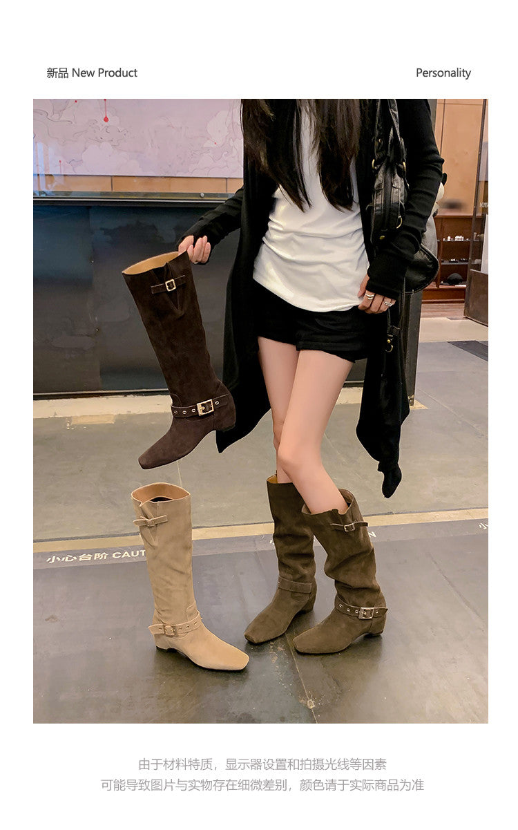 Karin Luna Data Model Belt Buckle Matte Square Toe Hidden Wedge Slouch Western Boots