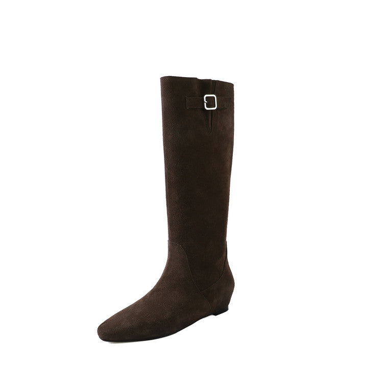Karin Luna In Stock Spot Goods Vintage Cowhide Leather Chunky Heel Height Increasing Long Boots