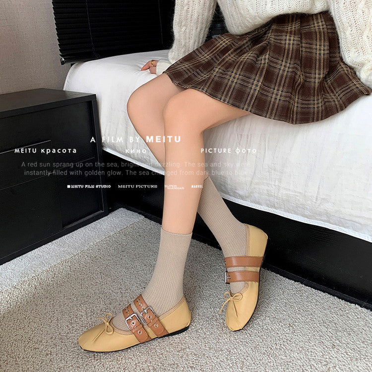Karin Luna In Stock Spot Goods Minimalist Retro Round Toe Mary Jane Bowknot Height-Increasing Flats