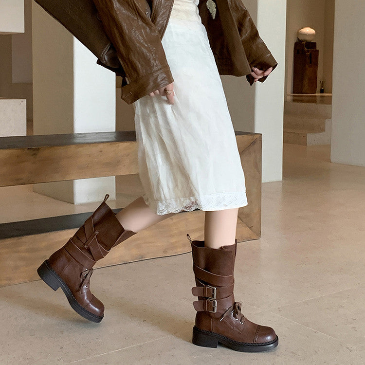 Karin Luna Bestseller Hot-Selling Large Tube Leather Belt Buckle Round Toe Thick-Soled Short Boots