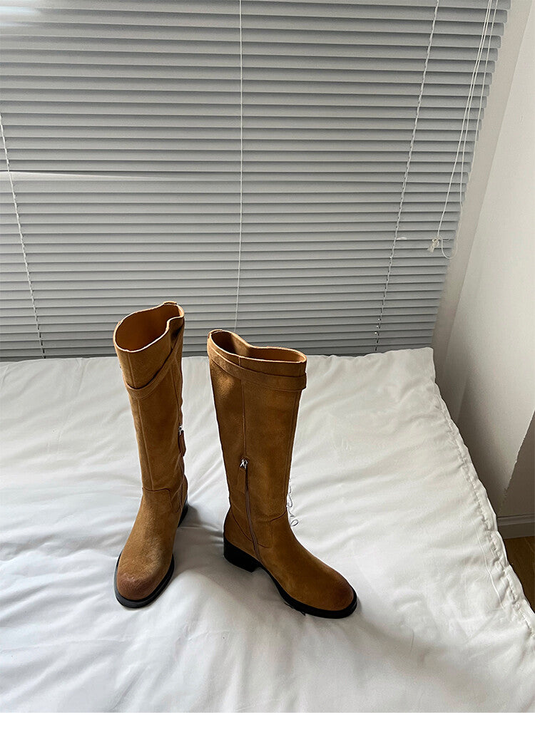 Karin Luna Chunky Heels Round Head Belt Buckle  Fashionable Suede Boots