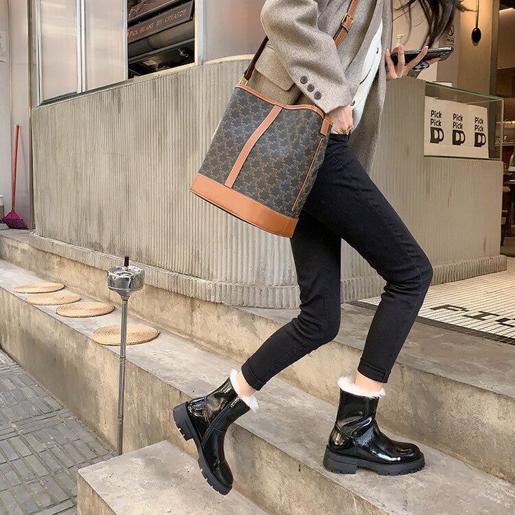 Karin Luna In Stock  Best-selling in stock Thickened Fleece Cow Patent Leather Hot-Selling Flat Short Boots