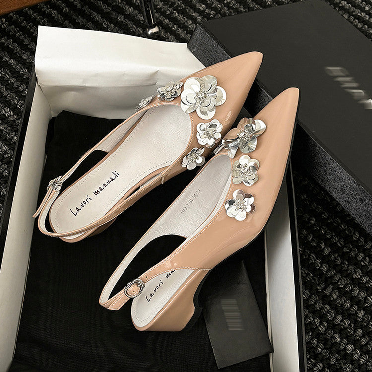 Karin Luna In Stock In Stock  Sequin Floral Pointed Toe Chunky Heel Closed-Toe Sandals