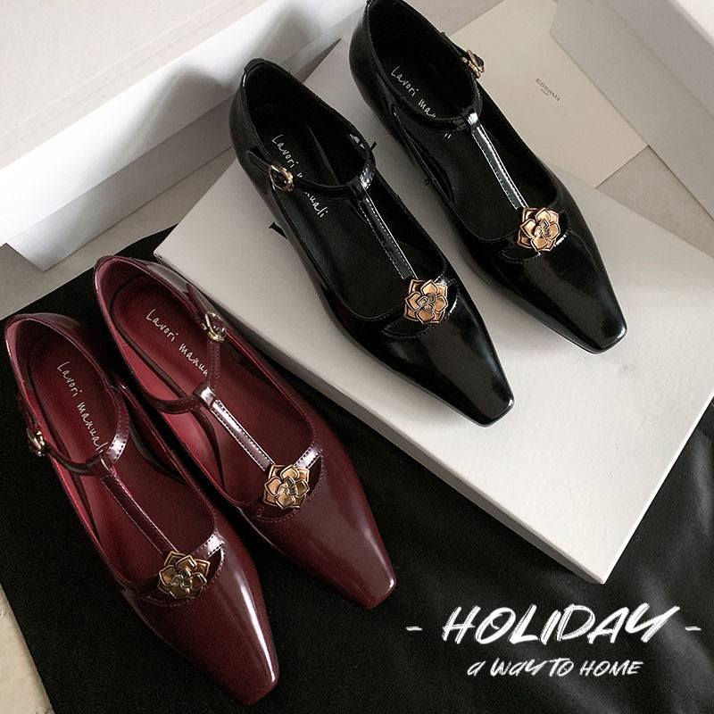 Karin Luna In Stock Spot Goods    Retro Classic Metal Camellia Irregular Heel Single Shoes