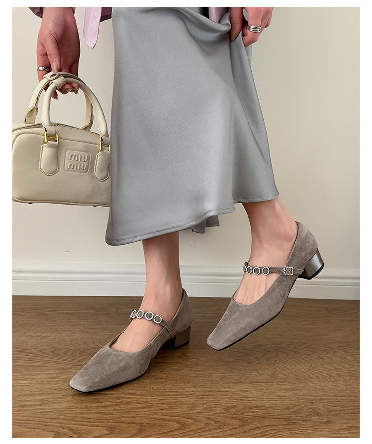 Karin Luna In Stock Spot Goods  Vintage Full Leather Square Toe Rhinestone Strap Shallow Mouth Single Shoes