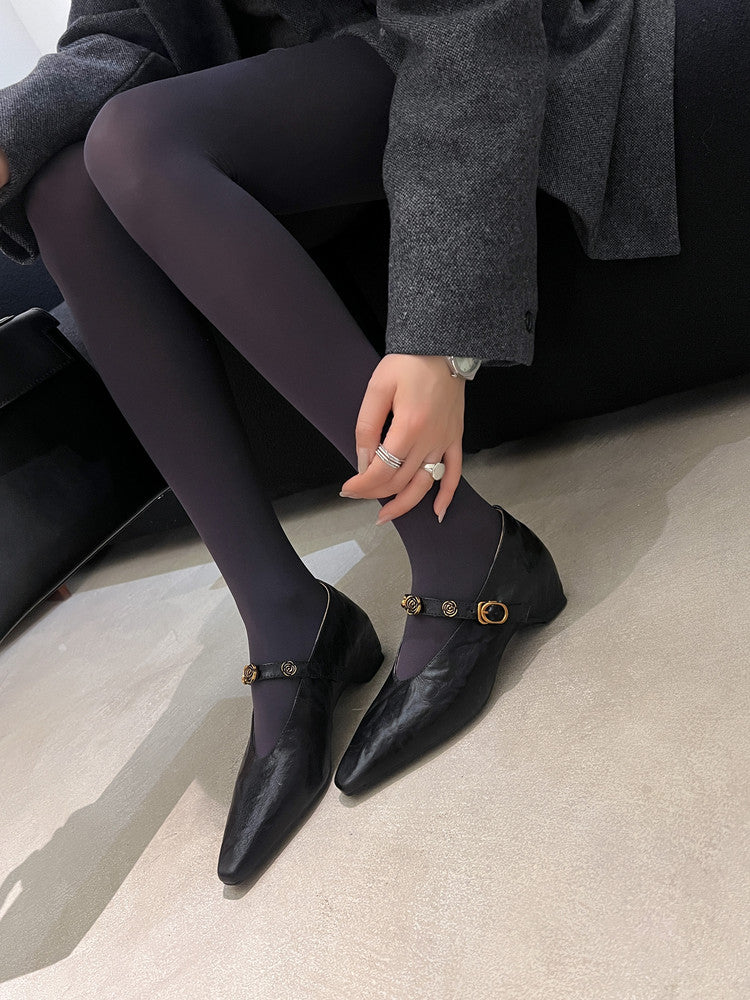 Karin Luna In Stock Spot Goods    Retro Classic Metal Camellia Irregular Heel Single Shoes
