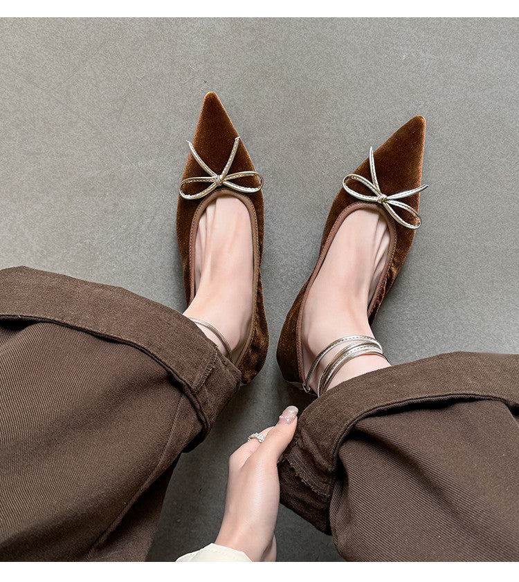 Karin Luna In Stock In Stock Retro Velvet Pointed Toe Bowknot Single Shoes