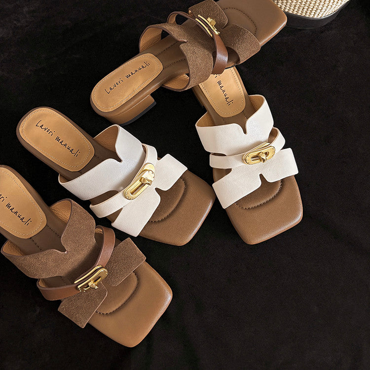 Karin Luna Comfortable Gold Buckle Square Toe Chunky Heel Casual Style Slippers
