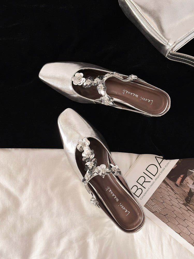 Karin Luna In Stock Spot Goods  T Handmade Sequin Flower Square Toe Height-Increasing Closed-Toe Slippers