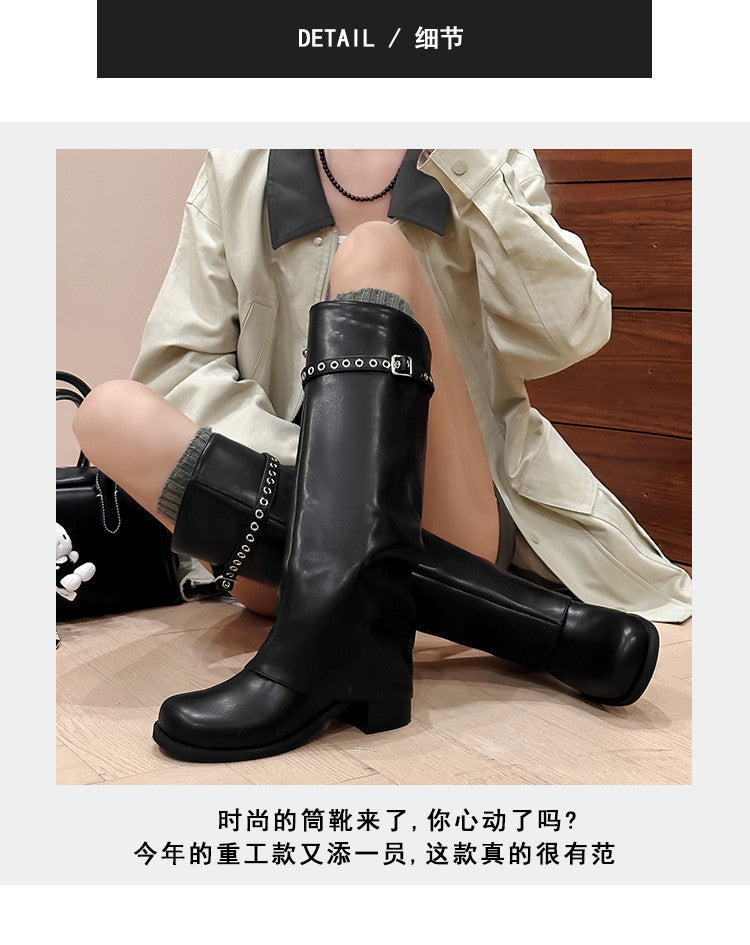 Karin Luna In Stock Spot Goods Belt Buckle Color-Washed Casual Thick-Soled Bootcut Pants Boots
