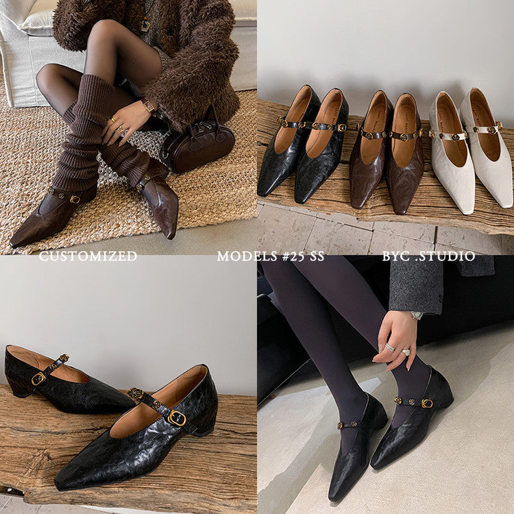 Karin Luna In Stock Spot Goods    Retro Classic Metal Camellia Irregular Heel Single Shoes